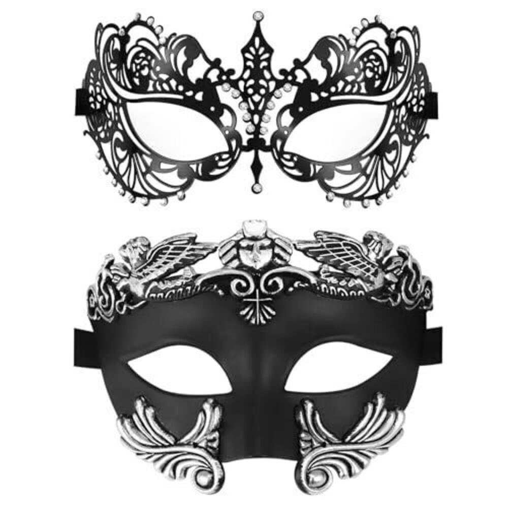 2322 Black Couples Masquerade Mask: Metal Rhinestone Party Venetian Greek